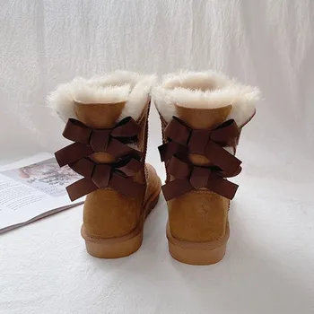 2022 модерен класически дамски зимни зимни обувки от естествена агнешка кожа с лък, дамски зимни обувки от естествена овча козина със средна дължина от телешка кожа, дамски обувки от естествена овча кожа