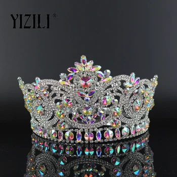 YIZILI на Новата Европейска Голямата Булка, Сватбената Врана AB Пълен Диамантена Crystal Голяма Кръгла Кралицата на Короната Сватбени Аксесоари За Коса-paty C060
