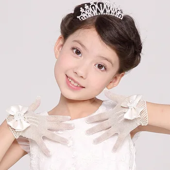 Детско сватбена рокля с цветя модел за момичета, ръкавици за момичета, мрежести еластични ръкавици за булката, ръкавици