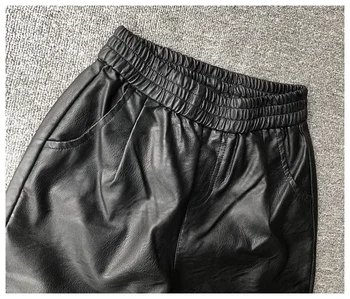 Зимните модни дамски кожени панталони с висока талия, ежедневни панталони от овча кожа, дамски черни ластични панталони-молив F520