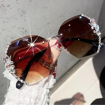 Модни Слънчеви Очила Без Рамки UV400 Дамски слънчеви Очила Ретро Режещи Лещи Градиентный Дизайн Vintage Слънчеви Очила С Кристали Нюанси oculos