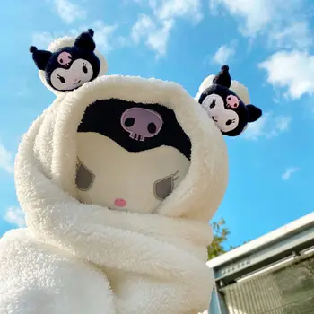 Нов Комплект Шапки Kuromi Kawaii Sanrio Hello Kitty Mymelody Зимна Шапка с Анимационни Герои за Момичета, Шал, Ръкавици, Комплект от Три елемента, Сладък Топъл Детски Подарък