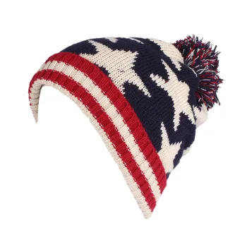 Нова Зимна Унисекс вязаная шапчица-бини с изображение на знамето на САЩ, вязаная шапка с pom-помераните, Вълнена Шапка, Шапка с Флага на САЩ, безплатна доставка