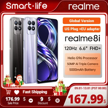 Смартфон Realme 8и 6 + 128 GB 120 Hz дисплей 50 MP AI тройната помещение 5000 mah батерия, NFC narzo Телефон (штепсельная вилица САЩ + адаптер)