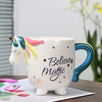 Чаши, Керамични Чаши за Чай, Сладък Карикатура Kawai Rainbow Unicorn Европейски Стил Чаша За Мляко Порцеланови Чаши за Момичета Женски Подарък