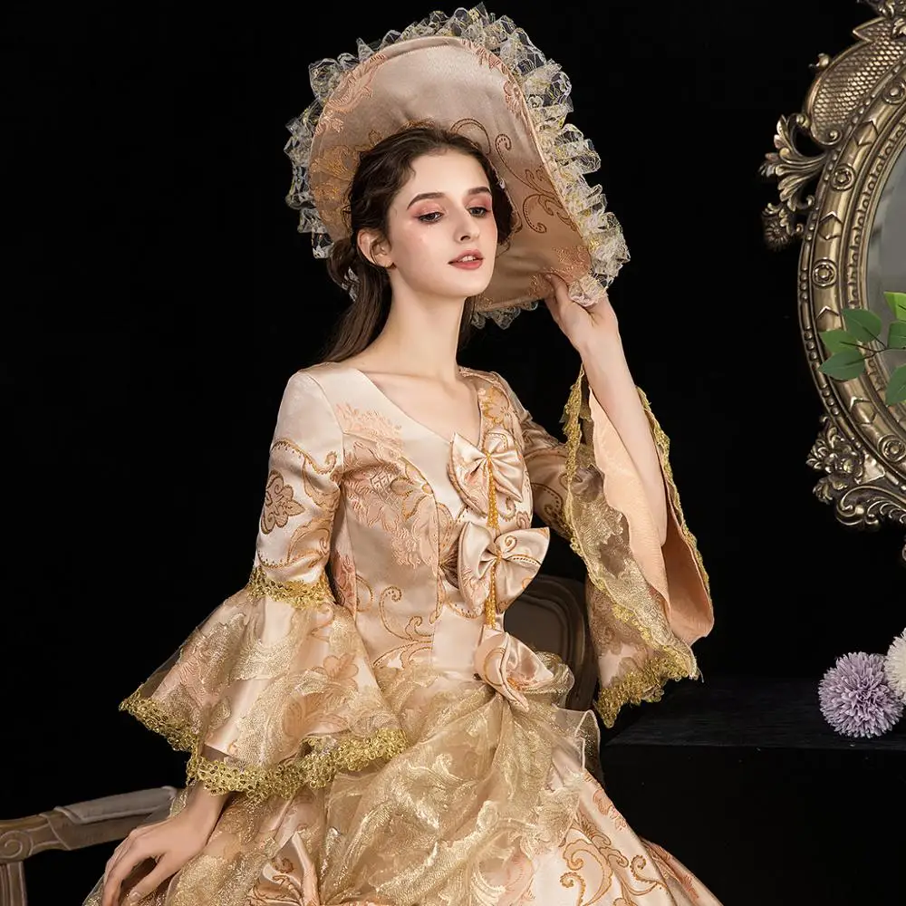 истинско шампанско златен отпечатък cosplay бална рокля средновековна рокля Възраждането рокля на кралицата на Викторианската Красива Бална рокля Изображение 0