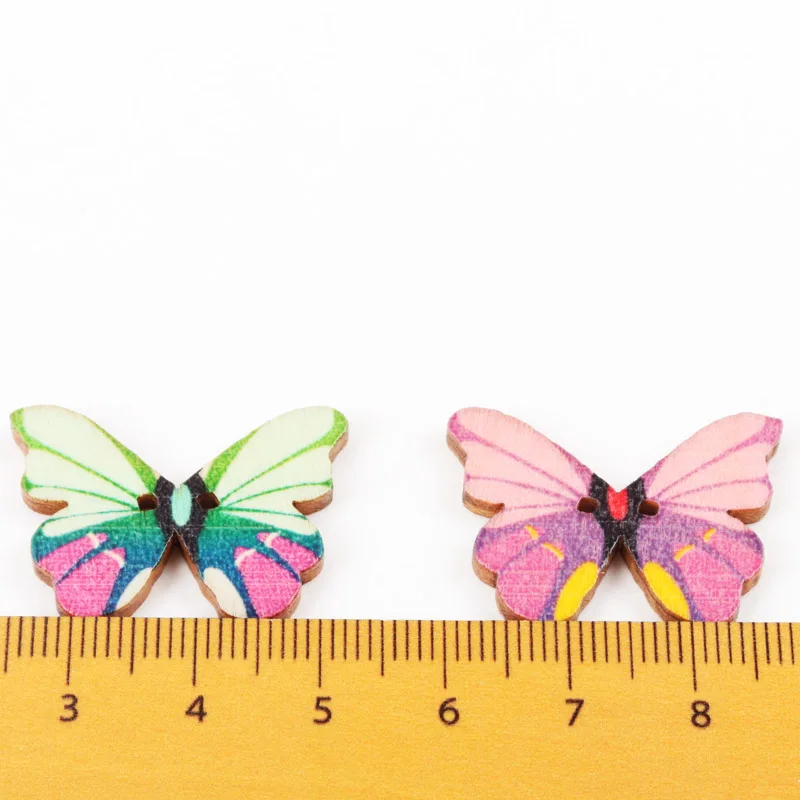Дървени Копчета във формата на Пеперуда на Смесени Цветове, 2 Дупки, Дрехи Ръчна изработка, Шиене, Scrapbooking, Занаяти, Направи си САМ, 28x20 мм, 30 бр Изображение 1