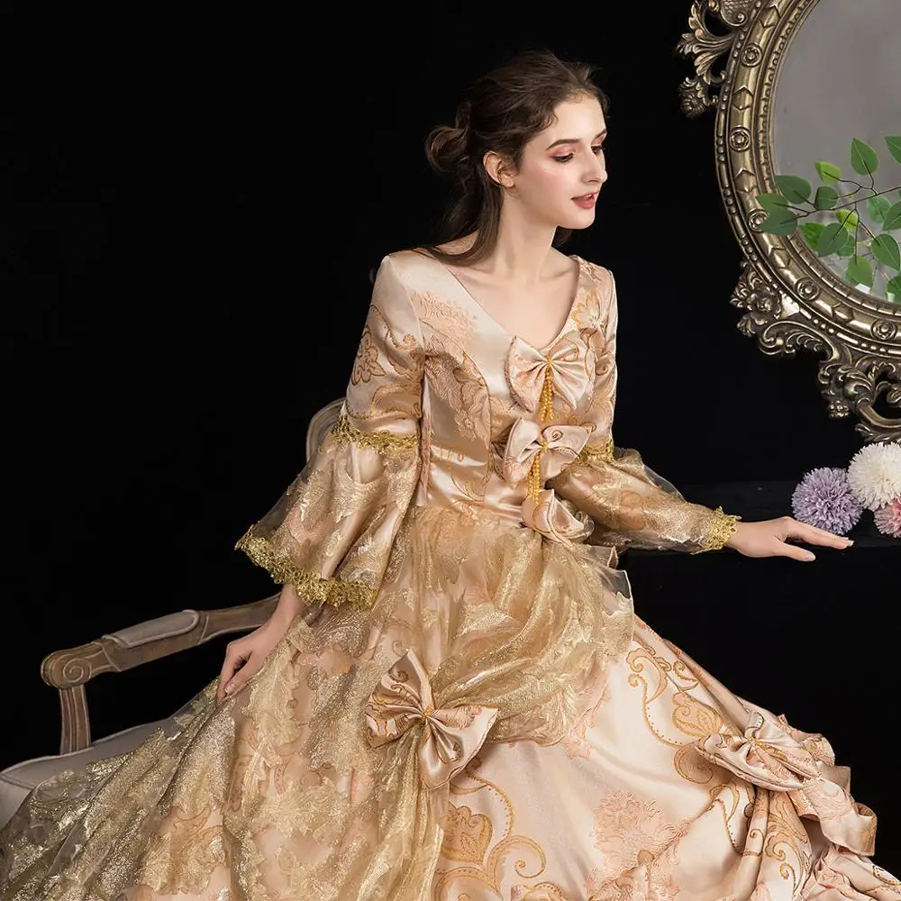 истинско шампанско златен отпечатък cosplay бална рокля средновековна рокля Възраждането рокля на кралицата на Викторианската Красива Бална рокля Изображение 1