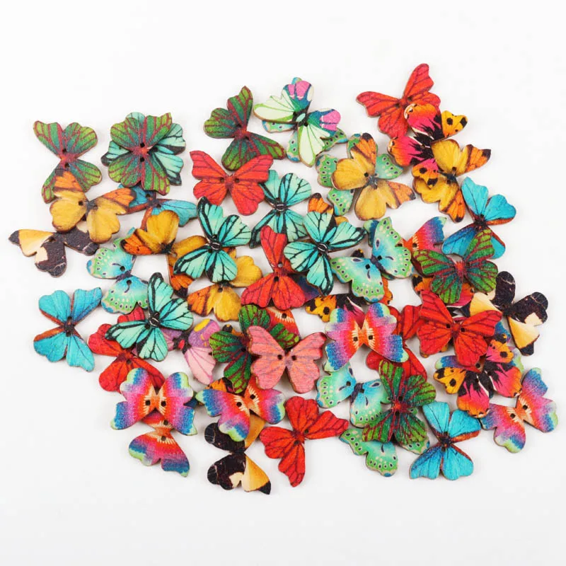 Дървени Копчета във формата на Пеперуда на Смесени Цветове, 2 Дупки, Дрехи Ръчна изработка, Шиене, Scrapbooking, Занаяти, Направи си САМ, 28x20 мм, 30 бр Изображение 2