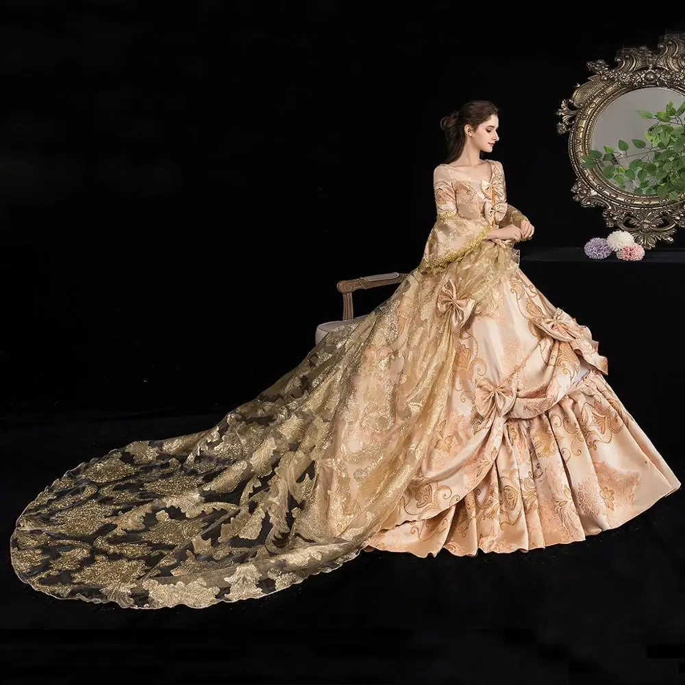 истинско шампанско златен отпечатък cosplay бална рокля средновековна рокля Възраждането рокля на кралицата на Викторианската Красива Бална рокля Изображение 2