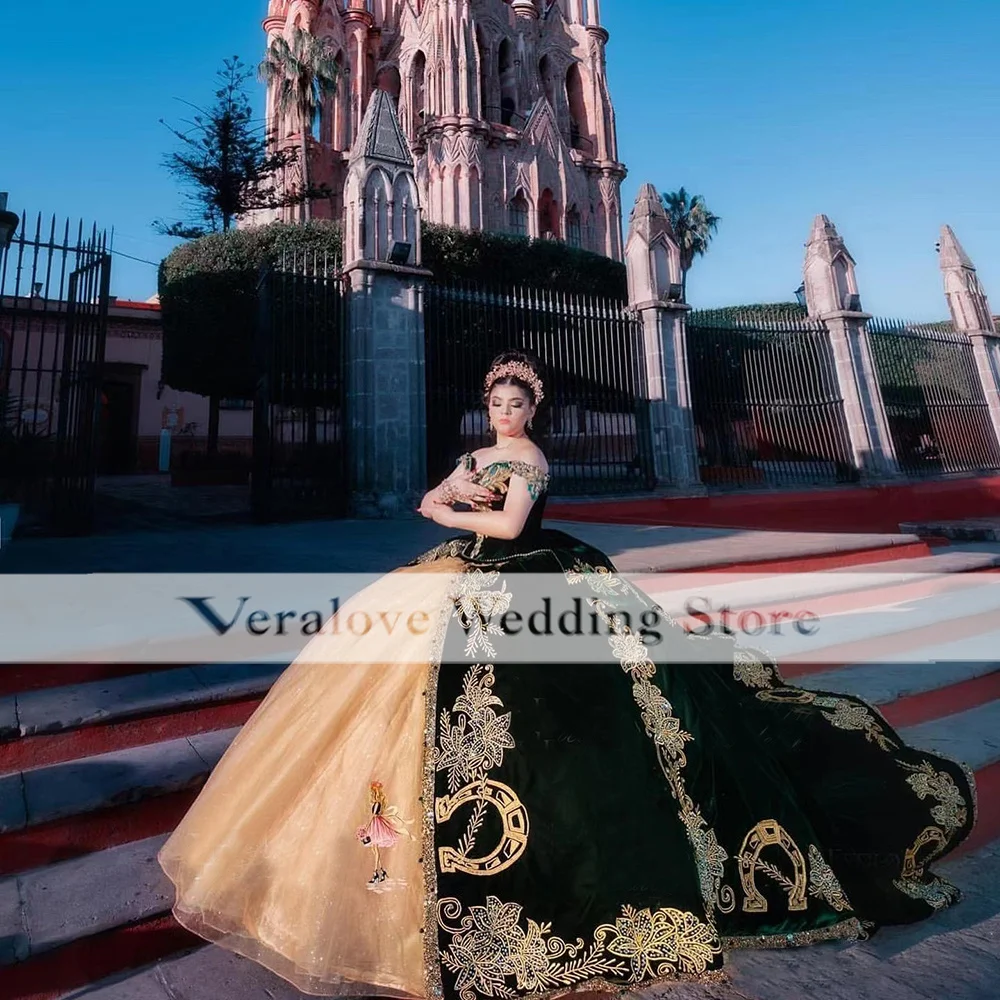 Charro Vestidos De XV Años, Мексикански Пищни дрехи за Момичета, 2022, Дантелено Рокля с Бродерия, тъмно Зелено Кадифе, Скъпа Празнична Облекло 15 Изображение 3