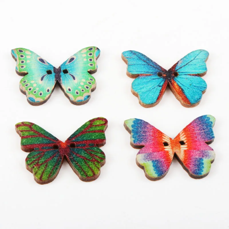 Дървени Копчета във формата на Пеперуда на Смесени Цветове, 2 Дупки, Дрехи Ръчна изработка, Шиене, Scrapbooking, Занаяти, Направи си САМ, 28x20 мм, 30 бр Изображение 3