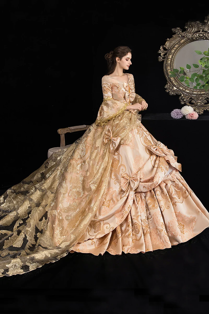 истинско шампанско златен отпечатък cosplay бална рокля средновековна рокля Възраждането рокля на кралицата на Викторианската Красива Бална рокля Изображение 3