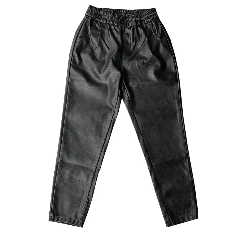 Зимните модни дамски кожени панталони с висока талия, ежедневни панталони от овча кожа, дамски черни ластични панталони-молив F520 Изображение 4