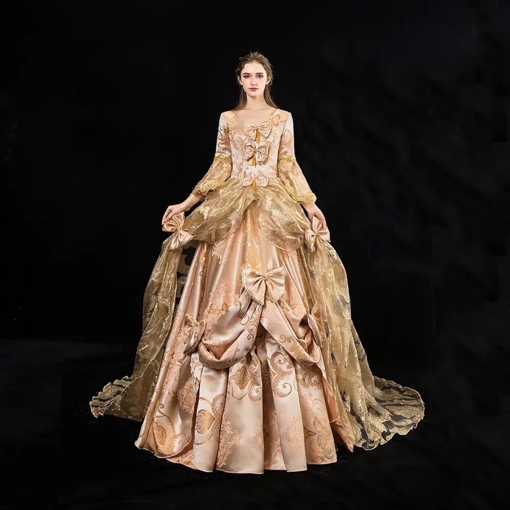 истинско шампанско златен отпечатък cosplay бална рокля средновековна рокля Възраждането рокля на кралицата на Викторианската Красива Бална рокля Изображение 4