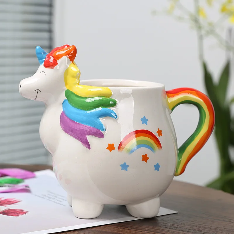 Чаши, Керамични Чаши за Чай, Сладък Карикатура Kawai Rainbow Unicorn Европейски Стил Чаша За Мляко Порцеланови Чаши за Момичета Женски Подарък Изображение 4