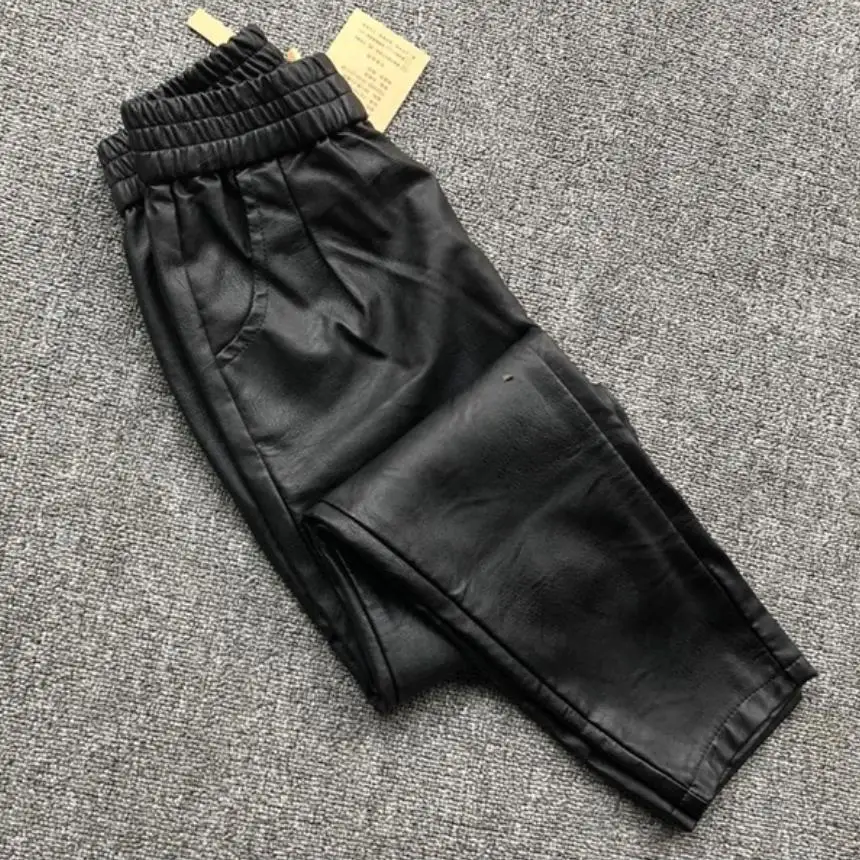 Зимните модни дамски кожени панталони с висока талия, ежедневни панталони от овча кожа, дамски черни ластични панталони-молив F520 Изображение 5