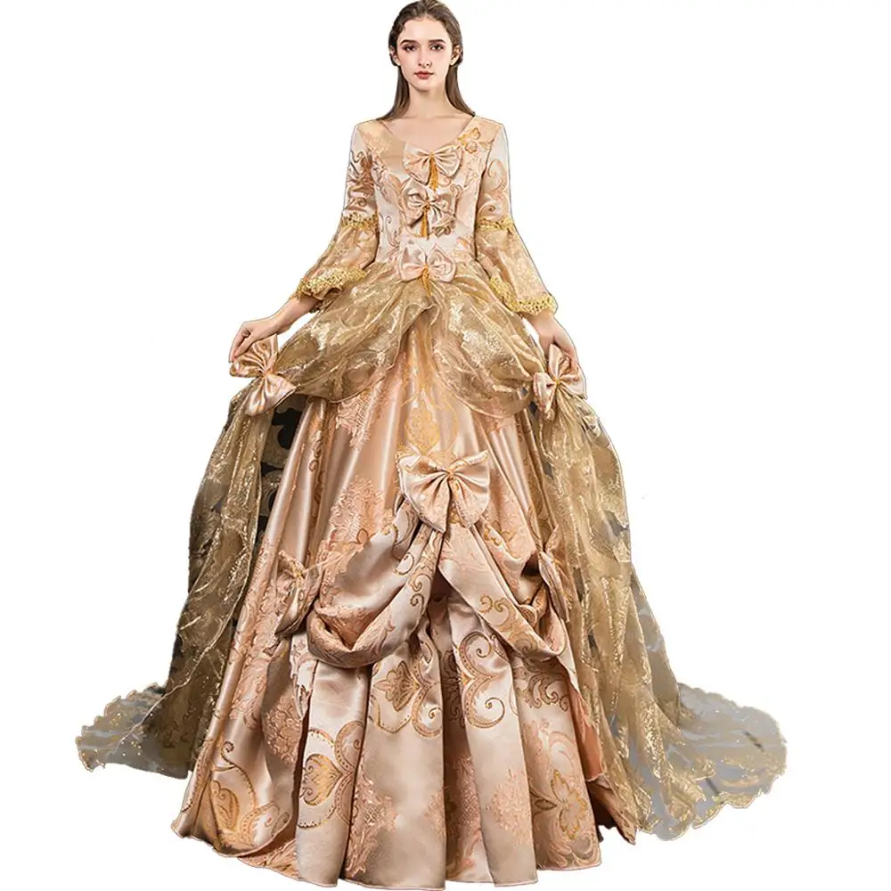истинско шампанско златен отпечатък cosplay бална рокля средновековна рокля Възраждането рокля на кралицата на Викторианската Красива Бална рокля Изображение 5